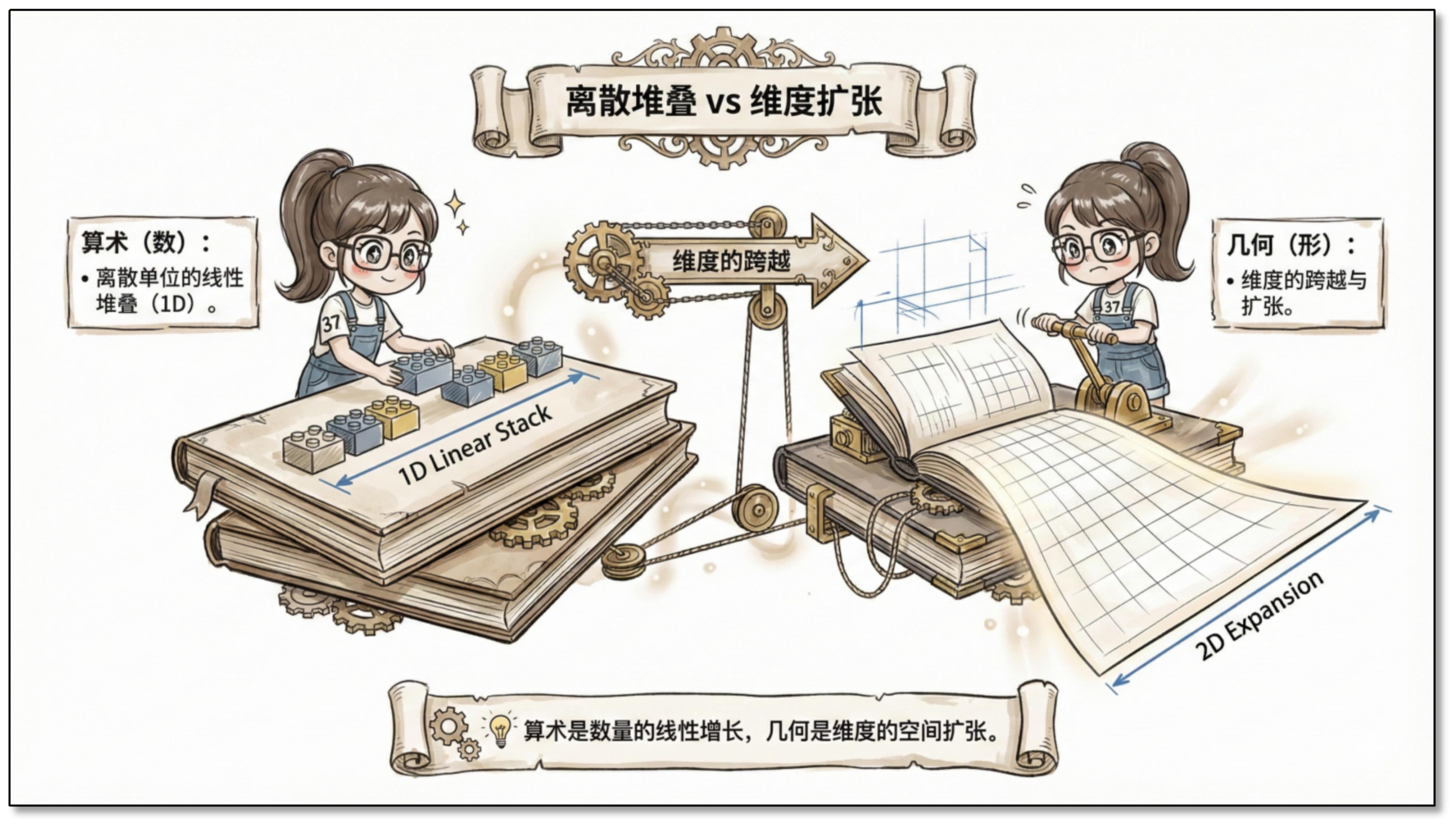 离散堆叠 vs 维度扩张：算术是数量的线性增长，几何是维度的空间扩张。