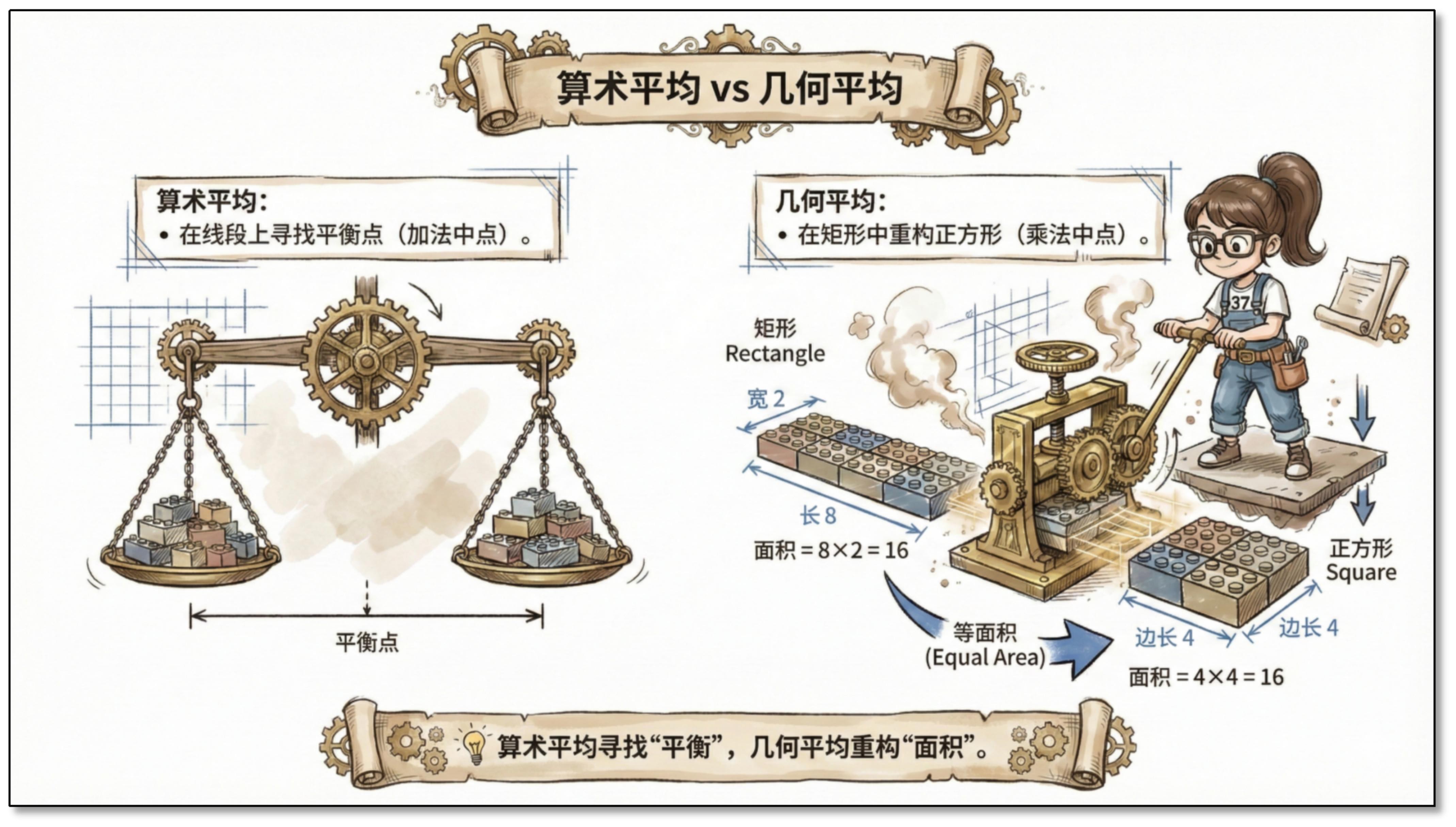 算术平均 vs 几何平均：在线段上寻找平衡点，在矩形中重构等面积正方形。