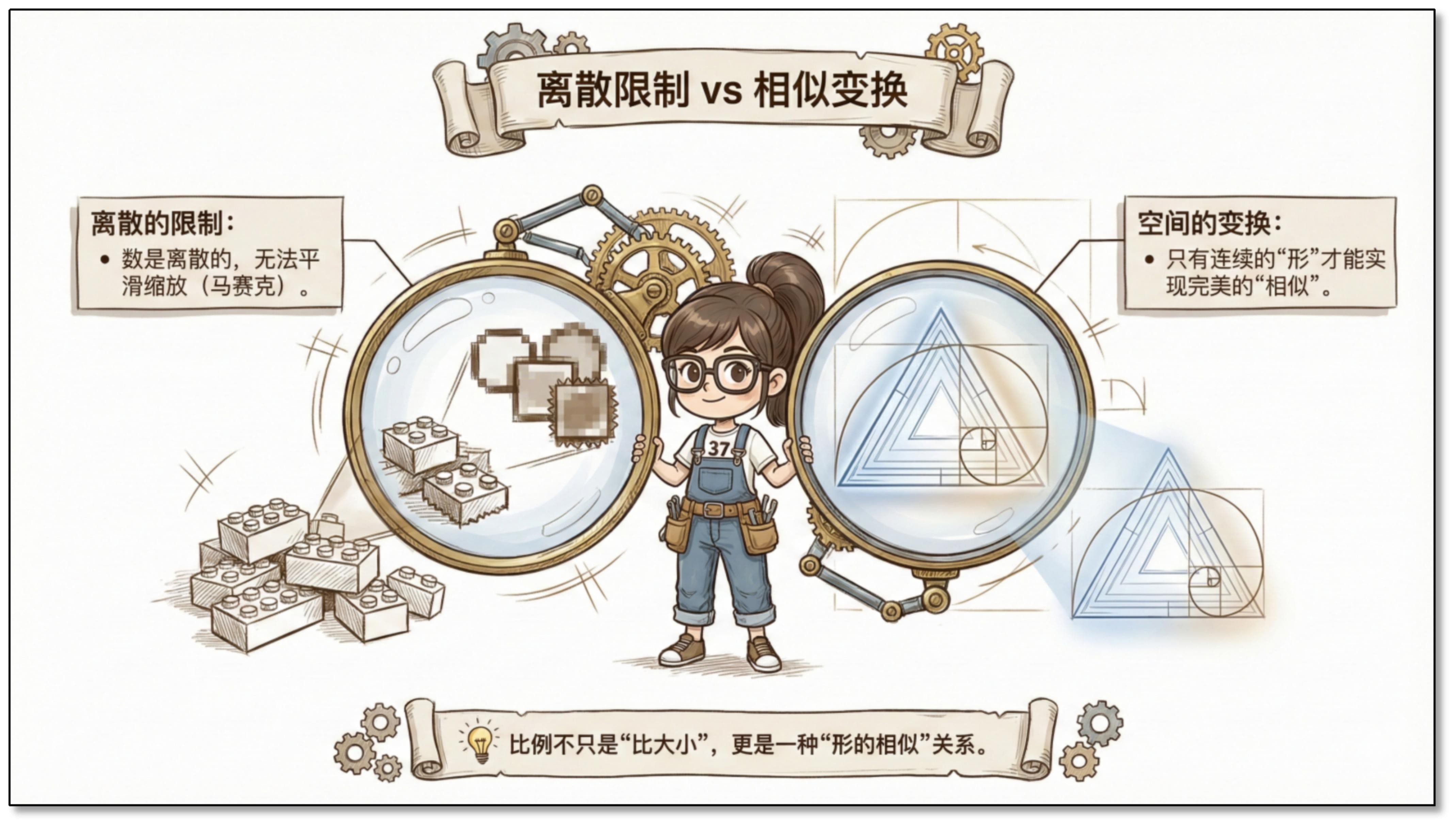 离散限制 vs 相似变换：比例不只是比大小，更是形的相似关系。